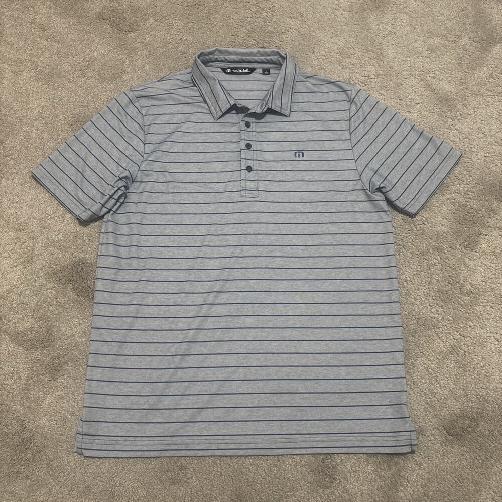 Travis Mathew Mens Large Blue Striped Golf Polo Shirt Short Sleeve Button